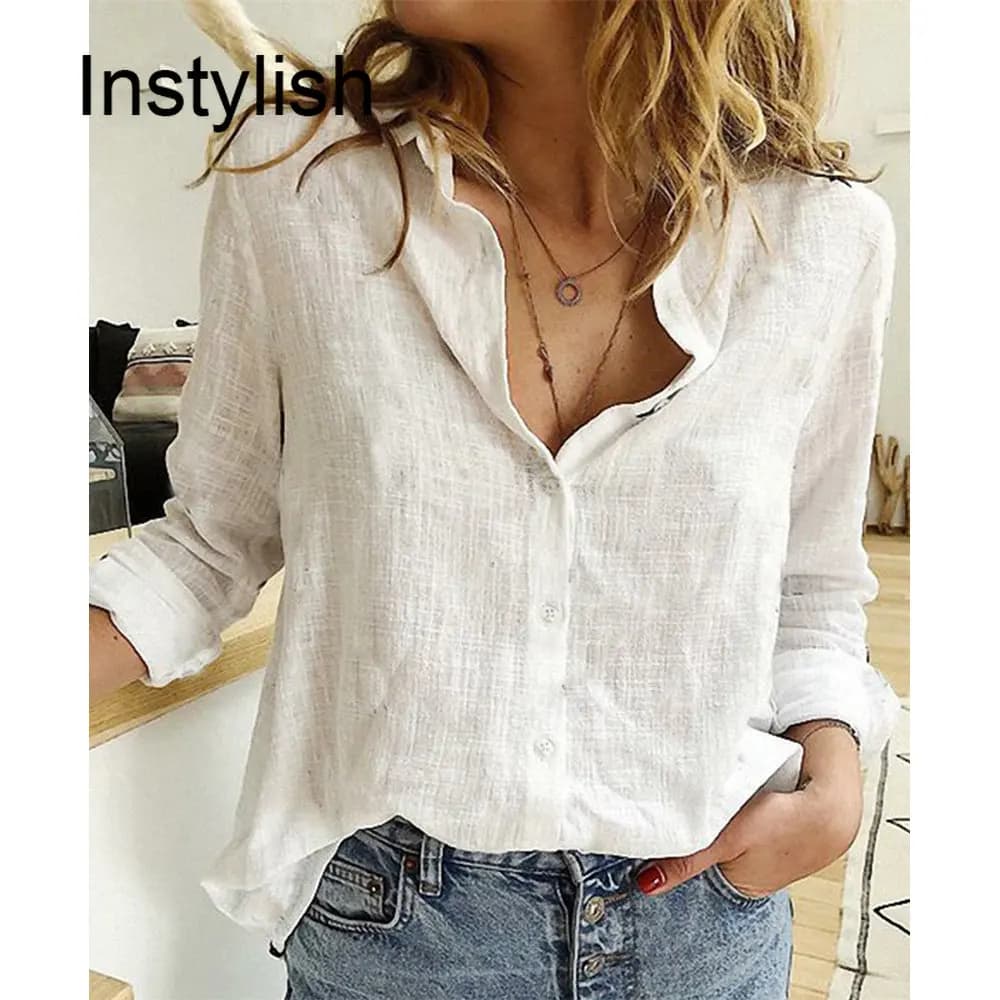 Women Casual Long Sleeve Cotton Linen Loose Shirt Elegant Solid Harajuku Lapel Blouse Vintage Oversize Tops Y2K Streetwear Tunic - 5