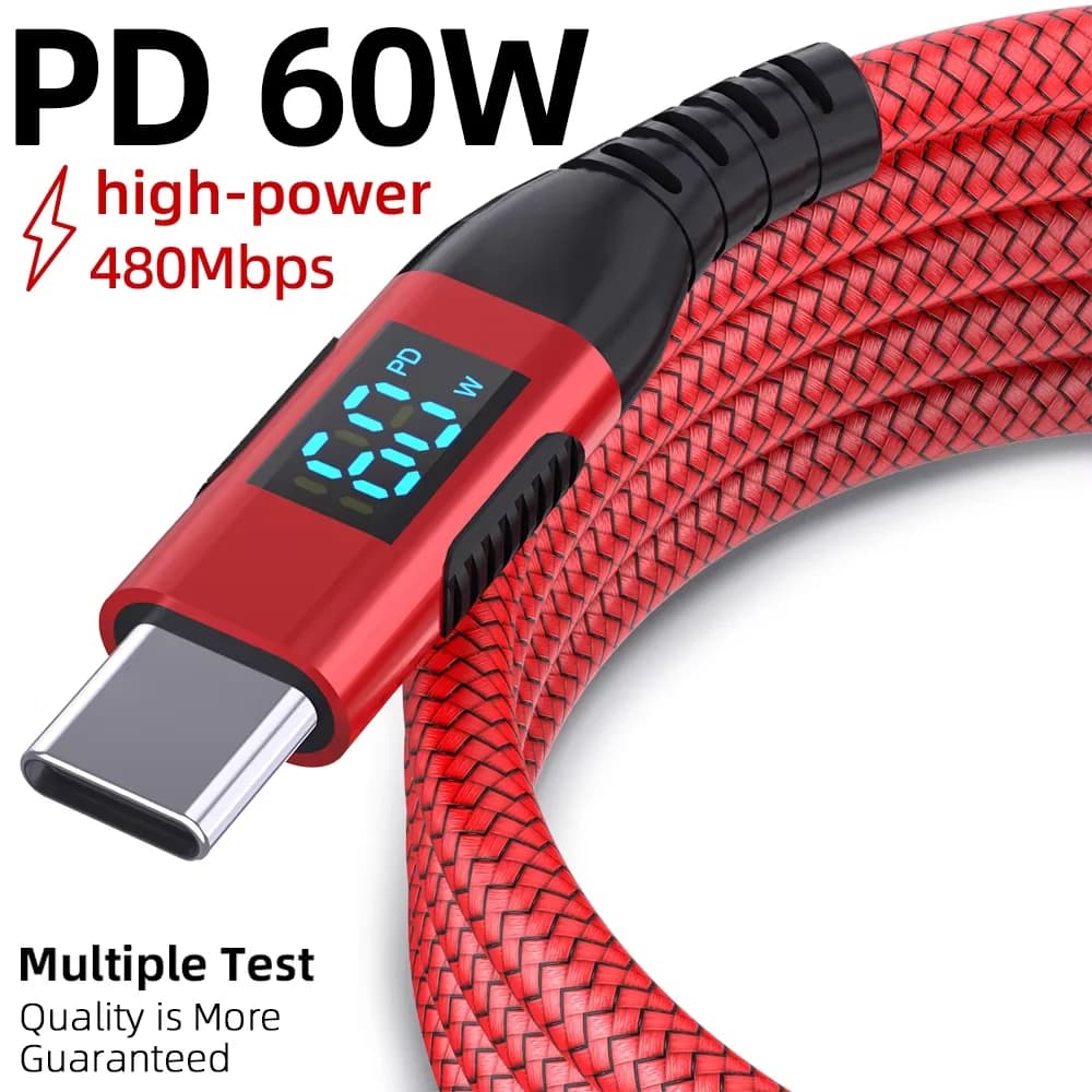 High quality 1PC USB To Type C Cable 60W Fast Charging Charger Wire LED display For Xiaomi Samsung Laptop USB C Cord 1M 2M 3M - 5