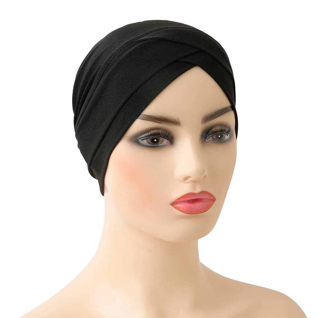 H117 Forehead criss Cross Muslim Turban Pure Color Stretch Inner Hijabs For Caps Ready To Wear Women Head Scarf Under Bonnet - 2