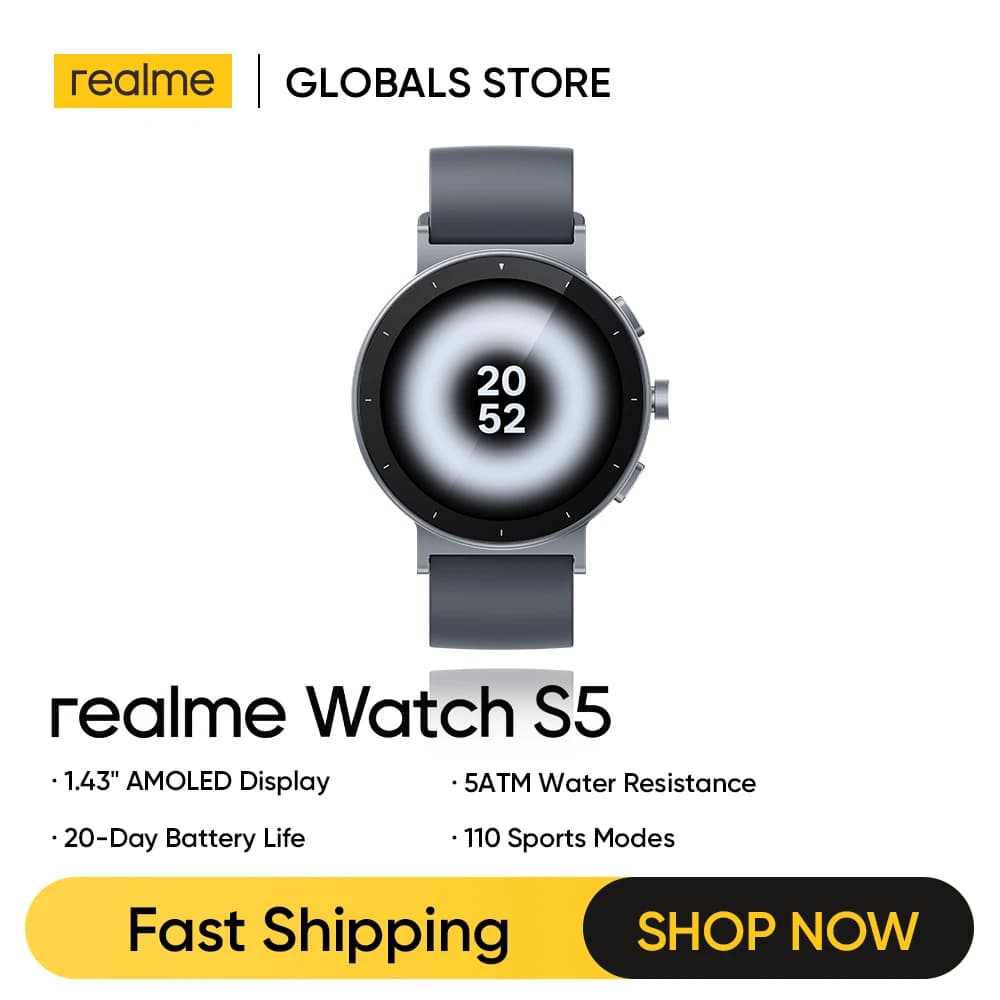 realme Watch S5 Smart Watch 1.43" AMOLED Display 5ATM Water Resistance 20-Day Battery Life 110 Sports Modes