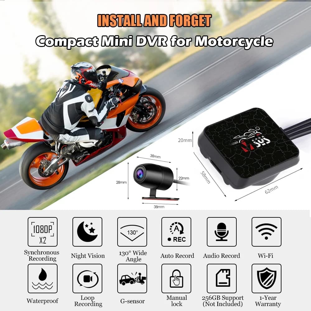 SYS VSYS Dual Motorcycle DVR 1080P Action Camera Recorder Front & Rearview Waterproof Motorcycle Dash Cam Black Night Vision Box - 2