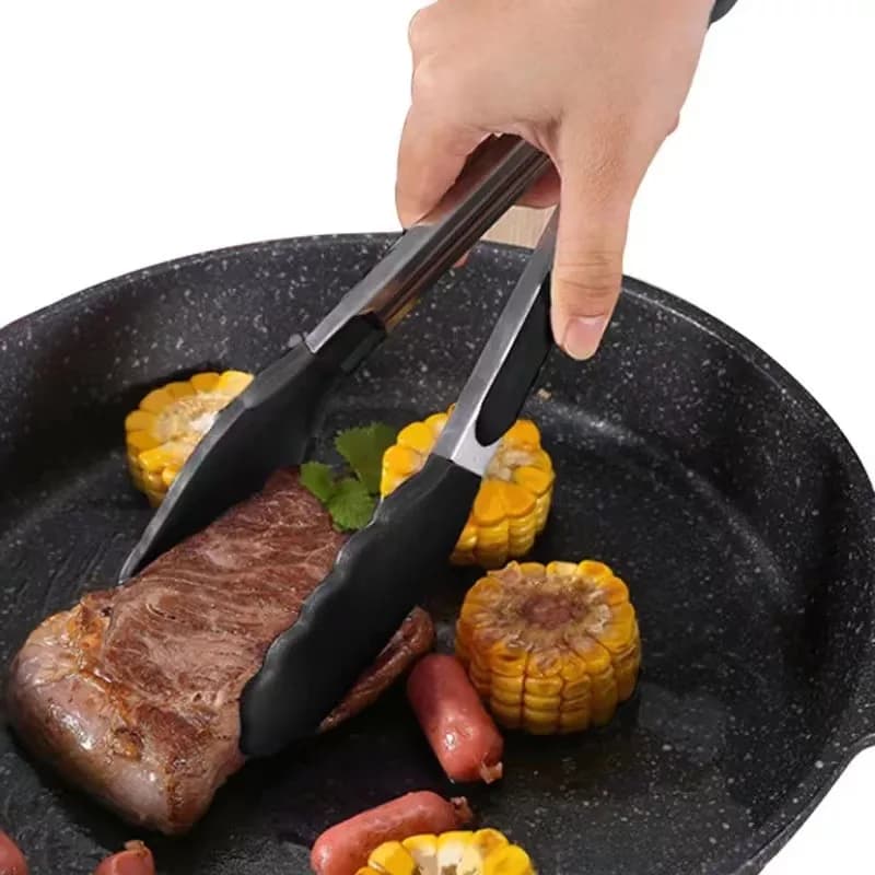 9-inch silicone food tongs Kitchen Grill stainless steel food grade silicone tip non-slip food tongs for BBQ salad breads - 5