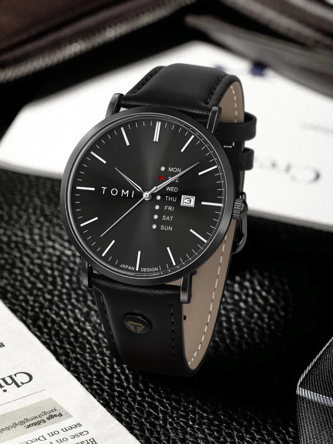 ساعة عمل أنيقة من TOMI للرجال، كوارتز بملمس مميز، حزام جلد، مع تقويم أيام الأسبوع - 4