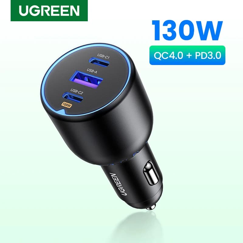 UGREEN 130W USB C Fast Car Charger For Xiaomi iPhone 17 Samsung Galaxy S25 Laptops PD3.0 Fast Charging USB Type C Car Charger