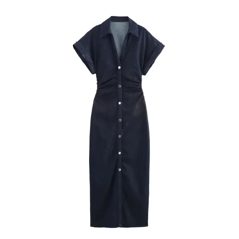 Spring New 1975 series denim MIDI dress with lapel side zipper fashion wrinkle waist slim elegant dress - 2