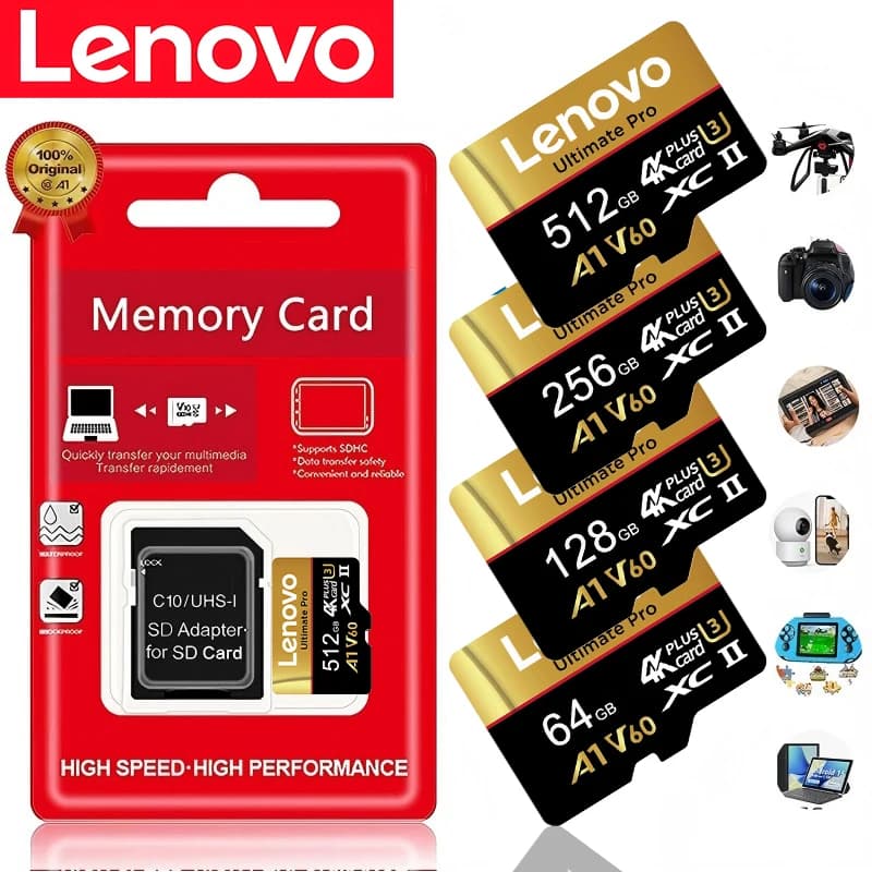 بطاقة ذاكرة أصلية من Lenovo Micro TF/SD بسرعة 100MB/s، UHS-I Class10، سعات متعددة من 16GB إلى 512GB، متوافقة مع الكمبيوتر والهاتف