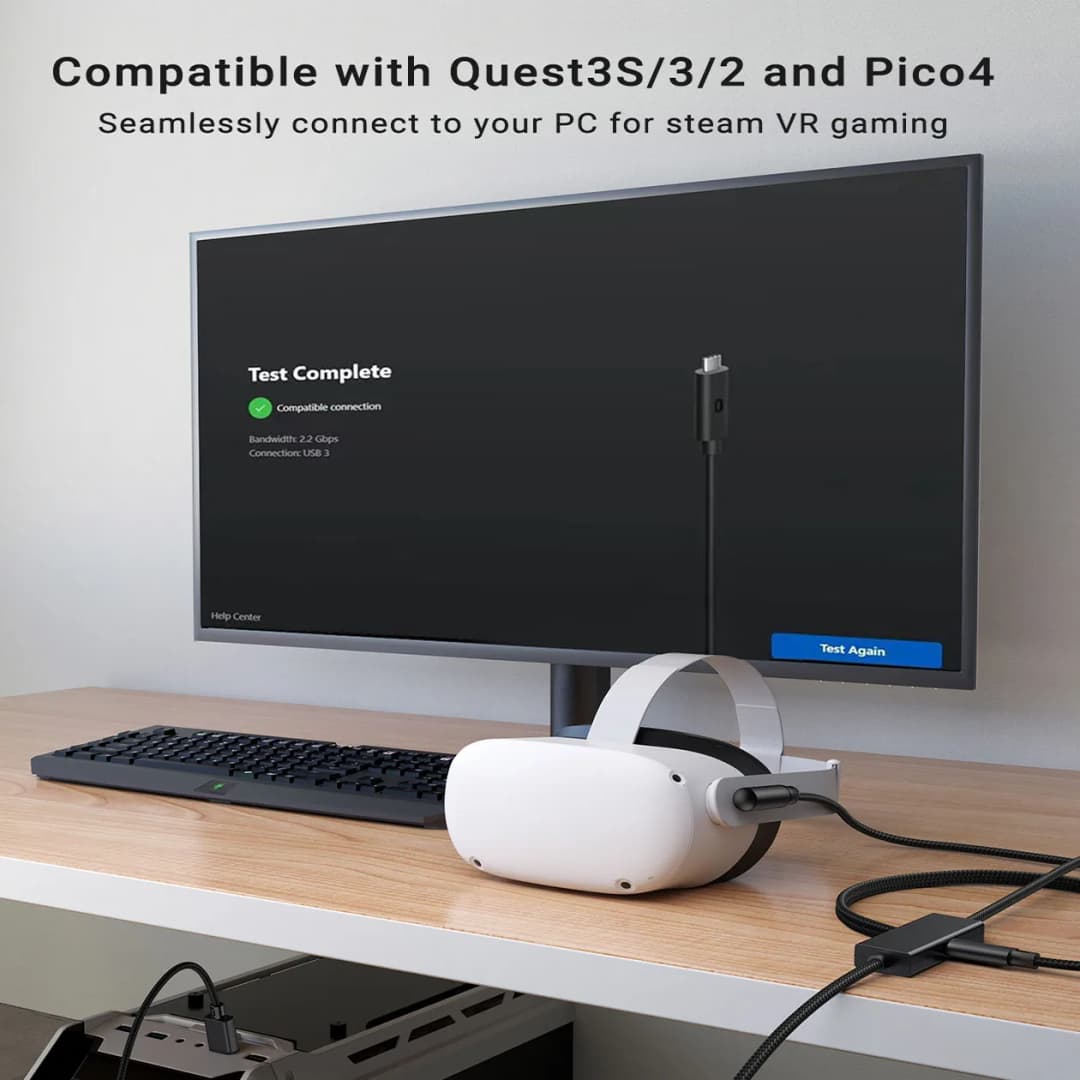 كابل رابط مع منفذ شحن لملحقات Meta Quest 3/3s/2 PC Steam VR كابل بيانات USB C 2.5Gbs من كمبيوتر إلى كمبيوتر لسماعة VR - 3