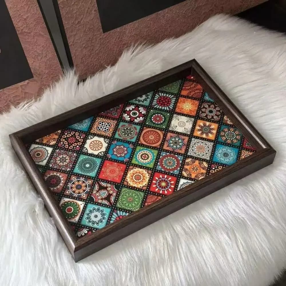 صينية خشبية متينة على الطراز البوهيمي يدوية الصنع مربعة 30x20 سم صندوق تخزين المفاتيح لديكور المكتب أو المدخل أو التخزين المنزلي