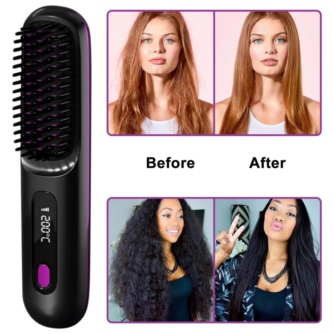 USB Charging Portable Hair Straightener Brush, Cordless Straightening Comb LED Display & Ceramic Coating, Ionic Technology - 3