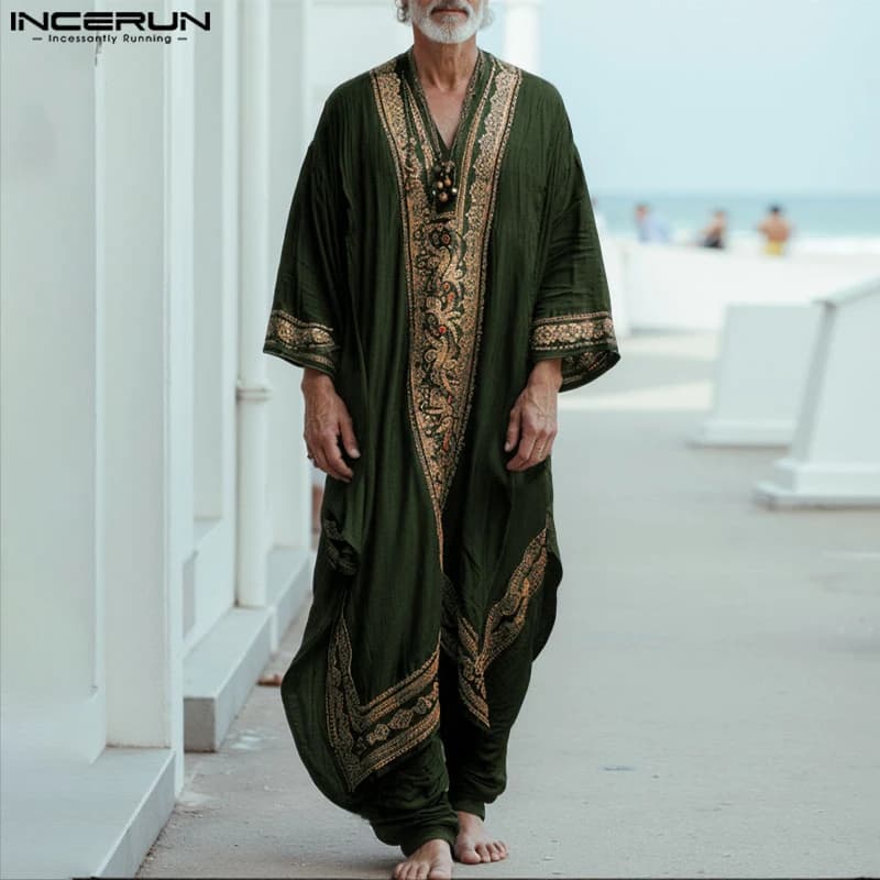 INCERUN Men Jubba Thobe Printing Patchwork V Neck Long Sleeve Male Robes Muslim Kaftan Loose 2025 Arab Casual Men Caftan Abaya - 3