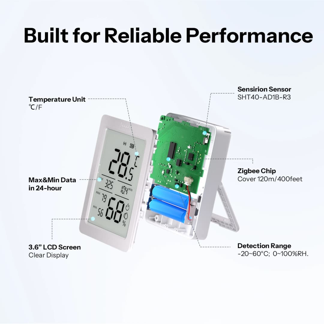 مستشعر درجة الحرارة والرطوبة SONOFF AirGuard TH بشاشة LCD 3.6 بوصة، Zigbee، مراقبة عبر التطبيق، تحليل متقدم، تتبع أقصى القيم على مدار 24 ساعة - 3