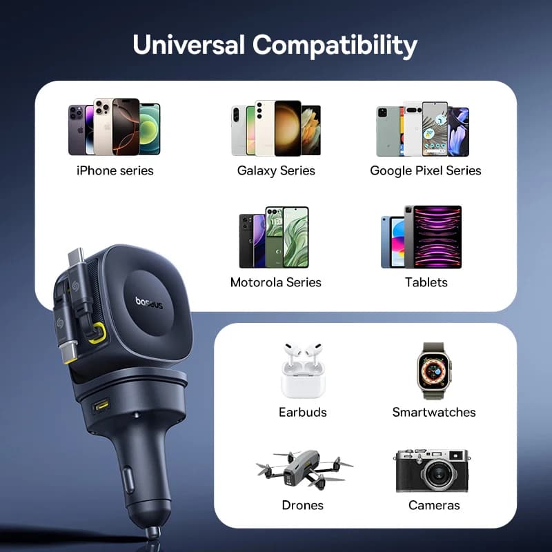 Baseus Car Charger 60W 100W 30W 240W 4 ports Built in Dual Retractable Cable PD Fast Charging USB Type-C Car Phone Charger - 6