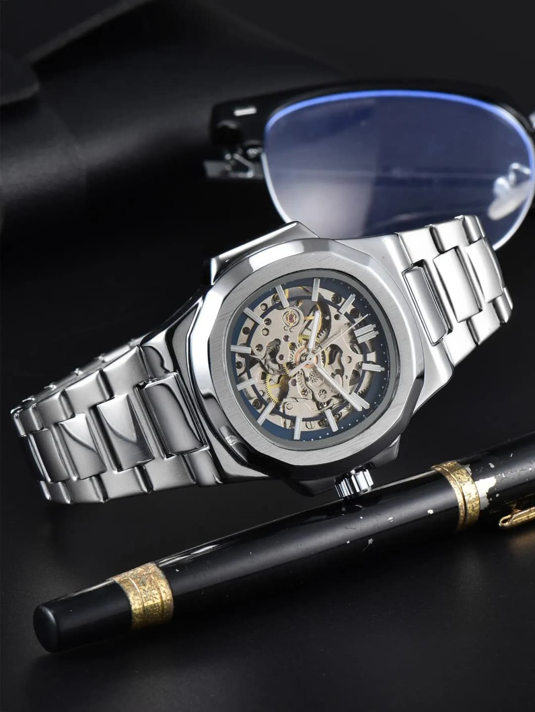 LONGLUX HOT SALE automatic mechanical men watch wholesale no logo waterproof skeleton business  stainless steel gift watch
