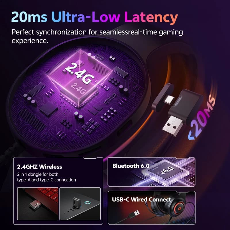سماعة رأس ألعاب QCY Tri-Mode Heroad V200 لاسلكية بلوتوث 6.0 مع ميكروفون صوت محيطي 7.1 درايفر ديناميكي RGB فوق الأذن - 4