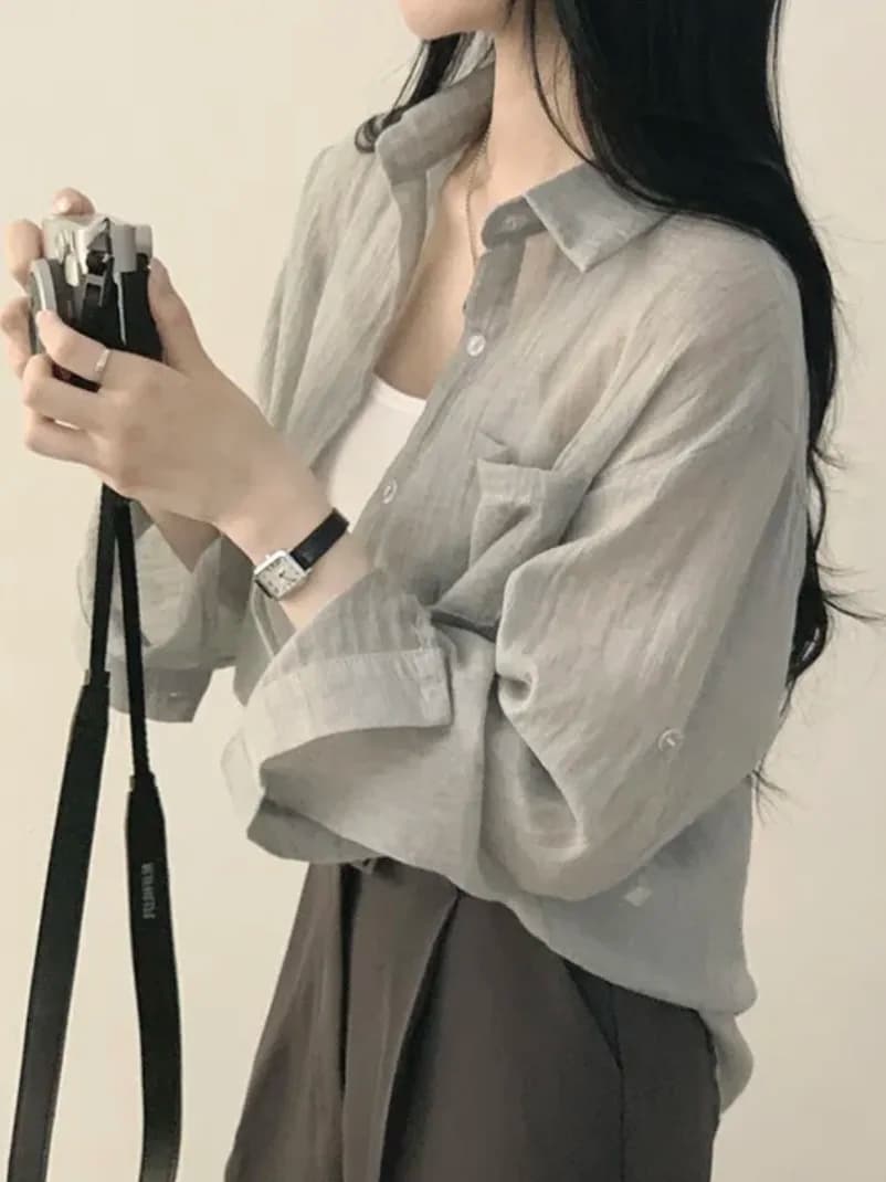 Summer New Ice Cream Color Loose Long Sleeve Women's Shirt Sun Protection Folded Design Commute Style Thin Material Pure Color - 5