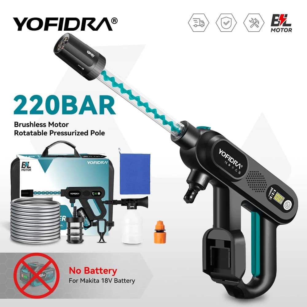 مسدس غسيل سيارات كهربائي عالي الضغط بدون فرشاة YOFIDRA 5 في 1، 220 بار، لاسلكي، مسدس رش ماء لبطارية ماكيتا 18 فولت
