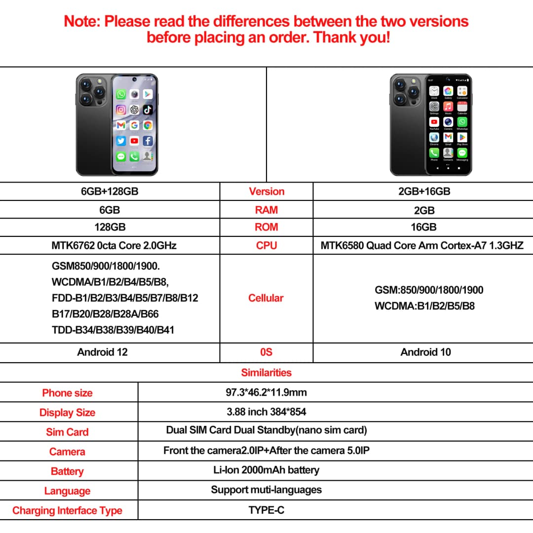 هاتف ذكي صغير رسمي SERVO 3G/4G بنظام أندرويد، ذاكرة وصول عشوائي 2/6 جيجابايت، ذاكرة قراءة فقط 16/128 جيجابايت، متجر Play، نقطة اتصال WiFi، شاشة 3.88 بوصة، بطاقتي SIM - 6