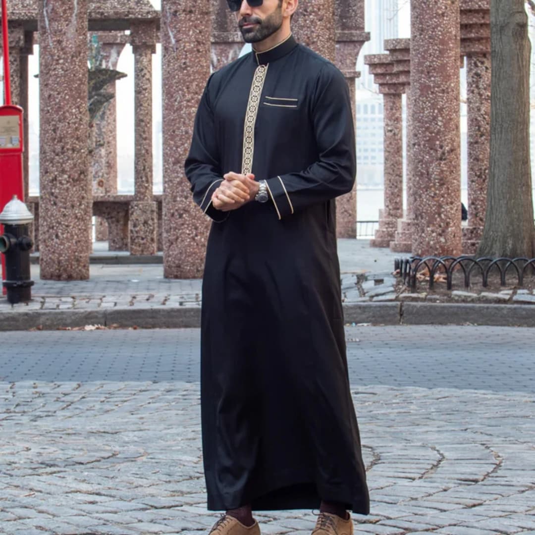 Islamic muslim Arabic men's robe long sleeve embroidered stand collar arabian thobe for men - 2
