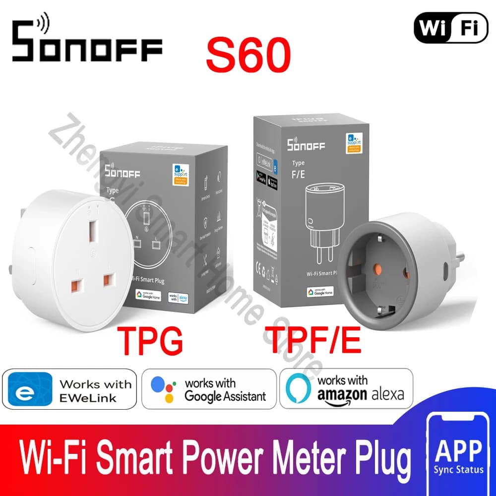 SONOFF S60 مقبس واي فاي EU/UK قابس ذكي للمنزل مراقب الطاقة منفذ التحكم عن بعد eWeLink متوافق مع Alexa وGoogle Home وSmartThings