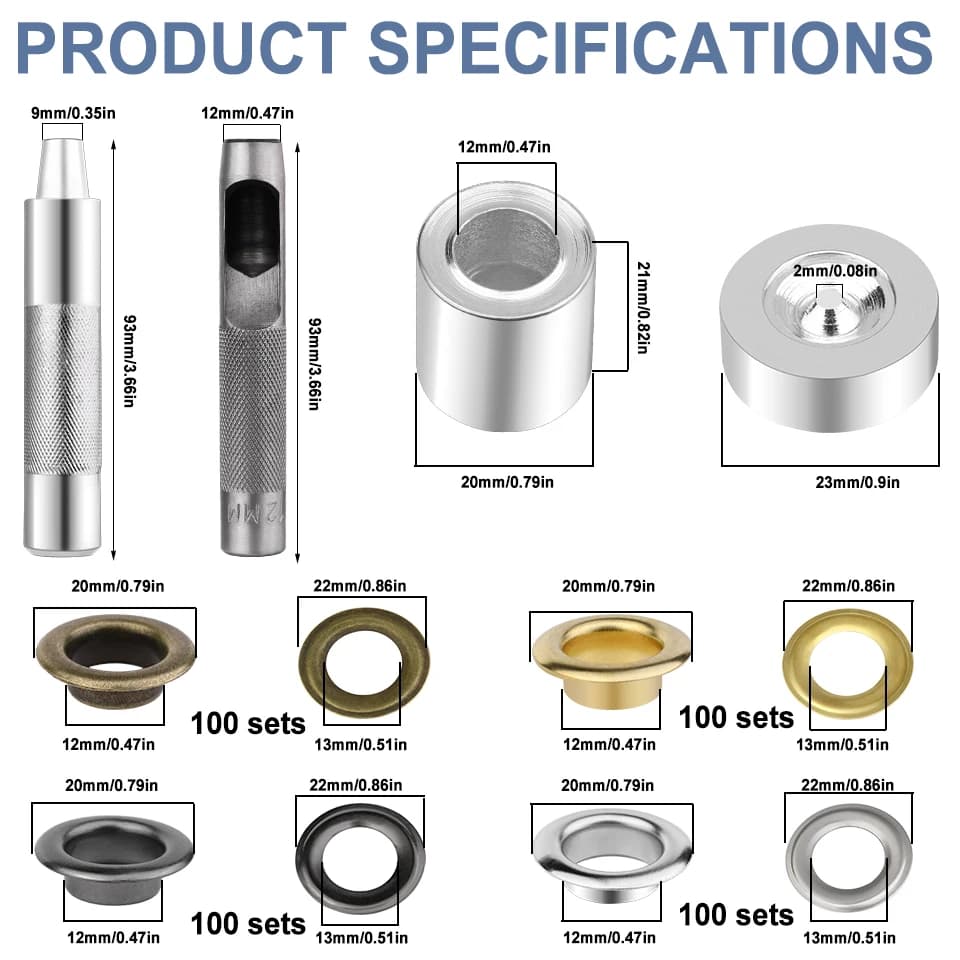 مجموعة أدوات جروميت معدنية 400 قطعة، حلقات ثقوب بقطر داخلي 6 مم/12 مم للملابس والأحذية والحقائب والحرف الجلدية - اصنعها بنفسك - 3