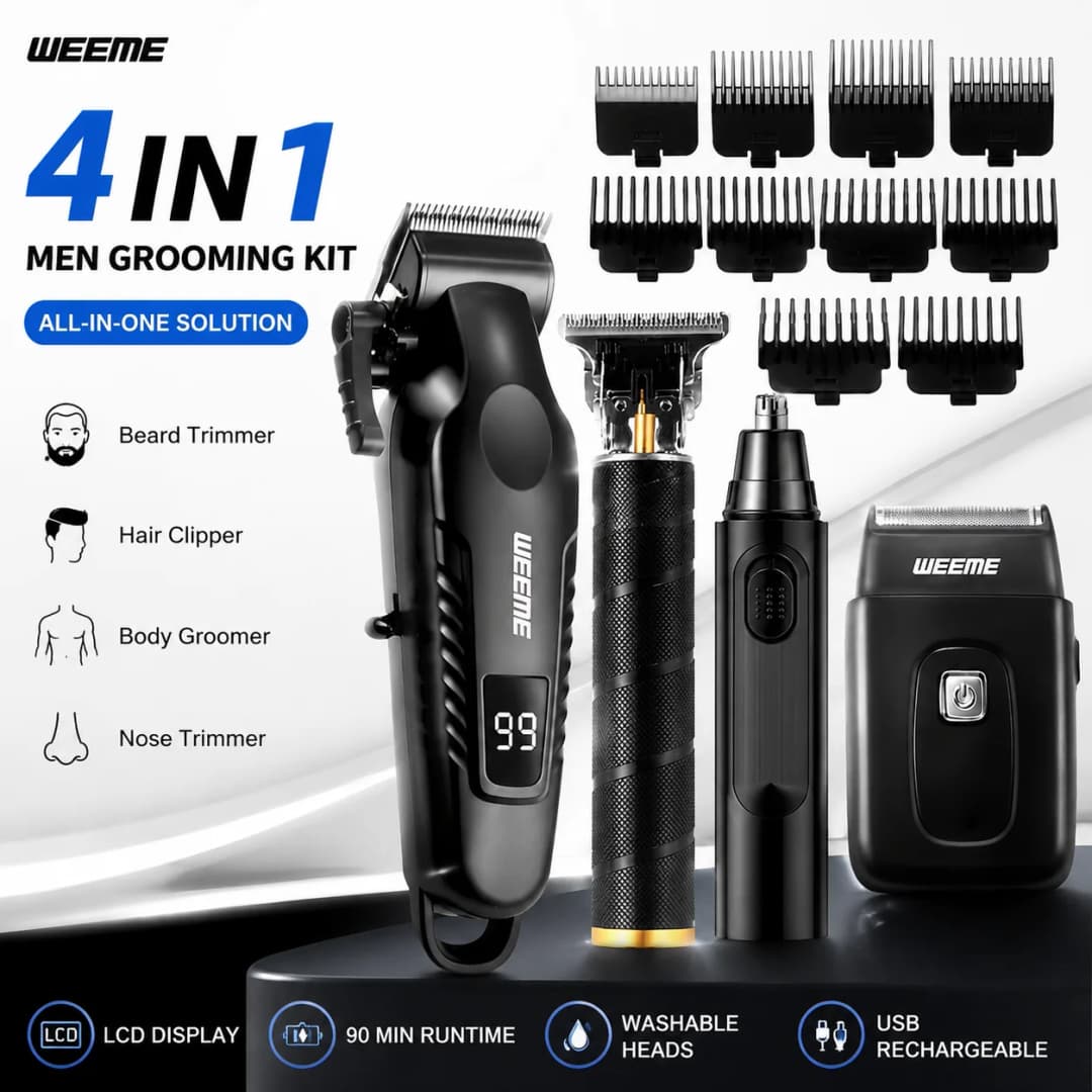 4 in 1 Men's Grooming Kit Hair Clipper Beard Trimmer Body Groomer Nose Trimmer LCD Display USB Rechargeable T Blade Shaver