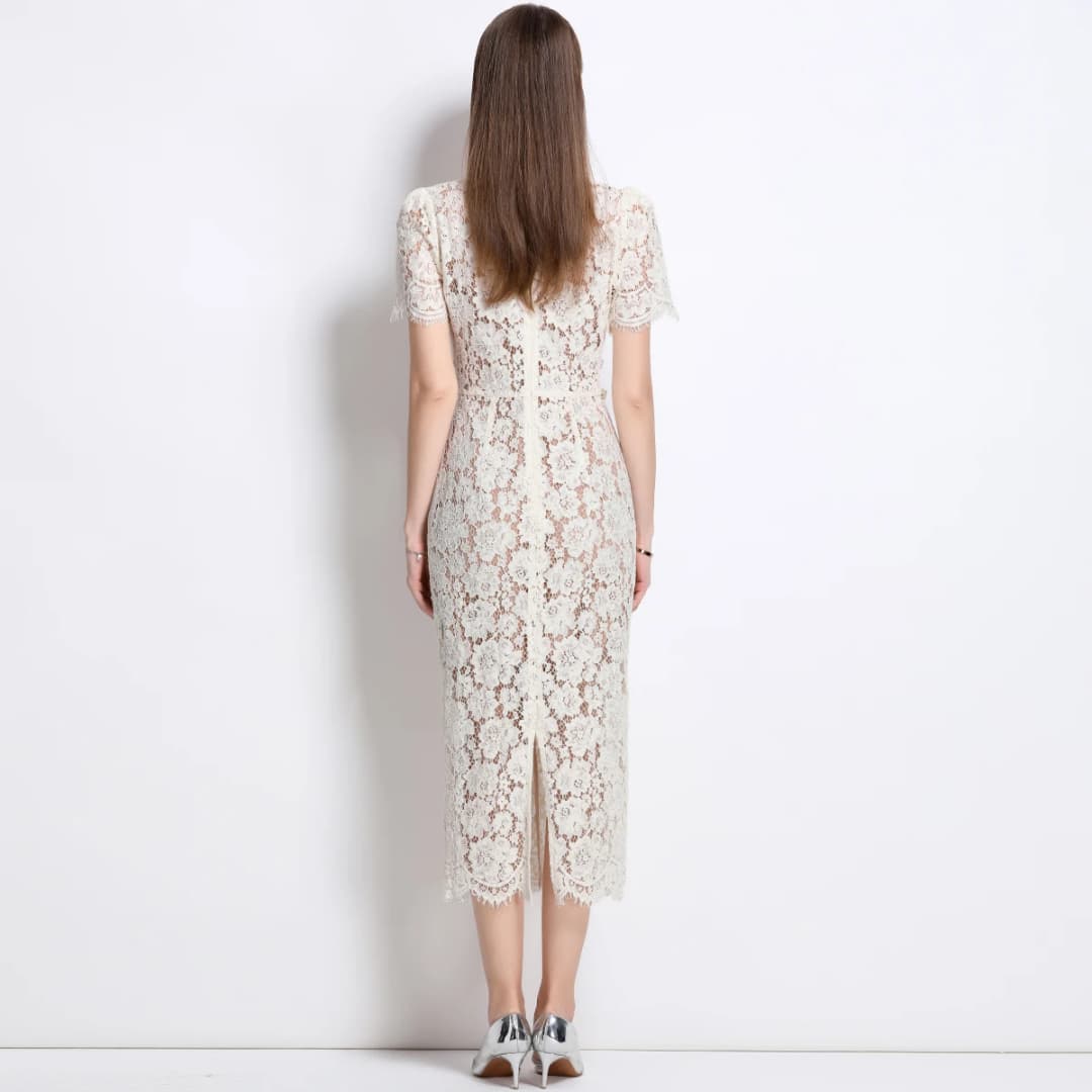 Slim Fit Hollow out Heavy Embroidery Lace Dress with Belt And Inner Strap Two Piece Set Korean Style High Waist Midi Skirt - 4