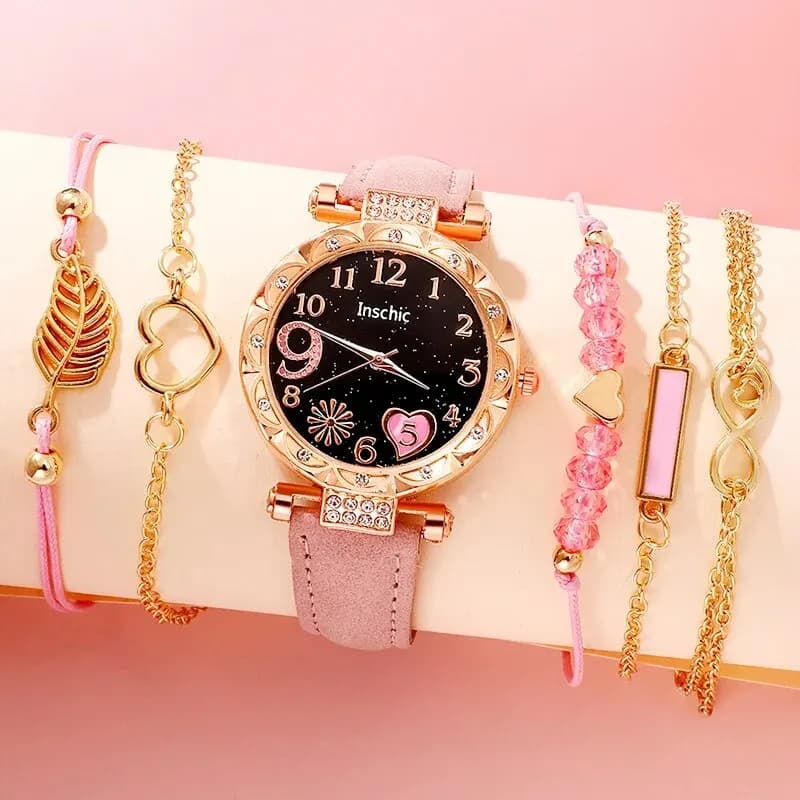 ساعة كوارتز نسائية موضة فاخرة سوار جلد وردي ساعة يد تناظرية ساعة نسائية مجموعة أساور ساعة Reloj Mujer - 2