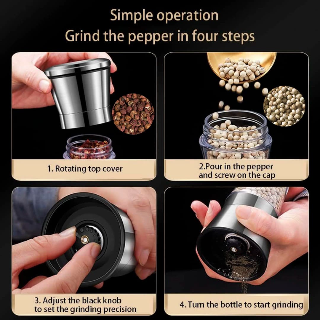 2-in-1 Adjustable Pepper Salt Grinder - Rustproof Stainless Steel Manual Mill with Double Heads & Coarseness Control - 6