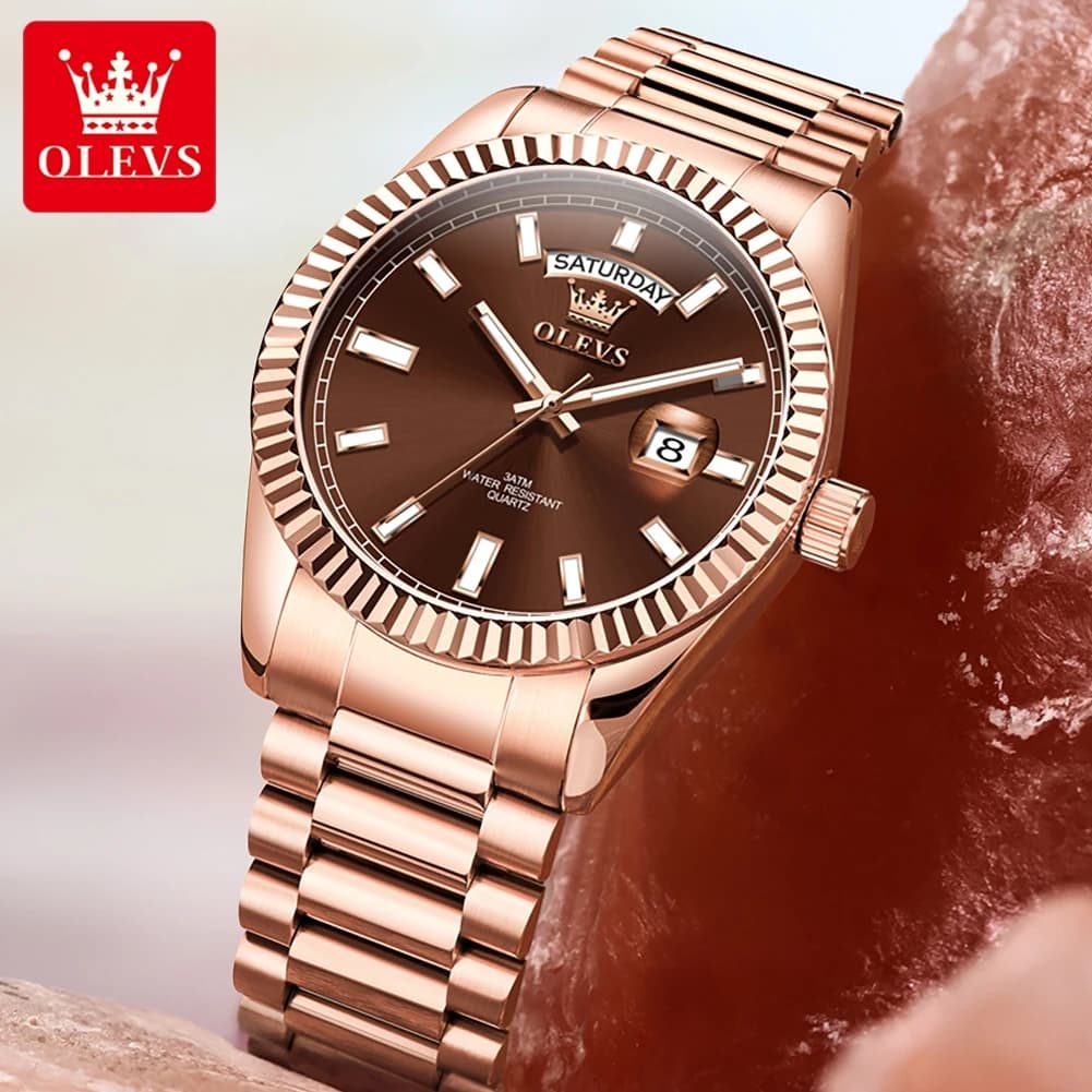 OLEVS Men's Watch Top Brand Luxury Wrist Watch For Men Fashion Rose Gold Stainless Steel Waterproof Watch Day Date Quartz Clock - 3