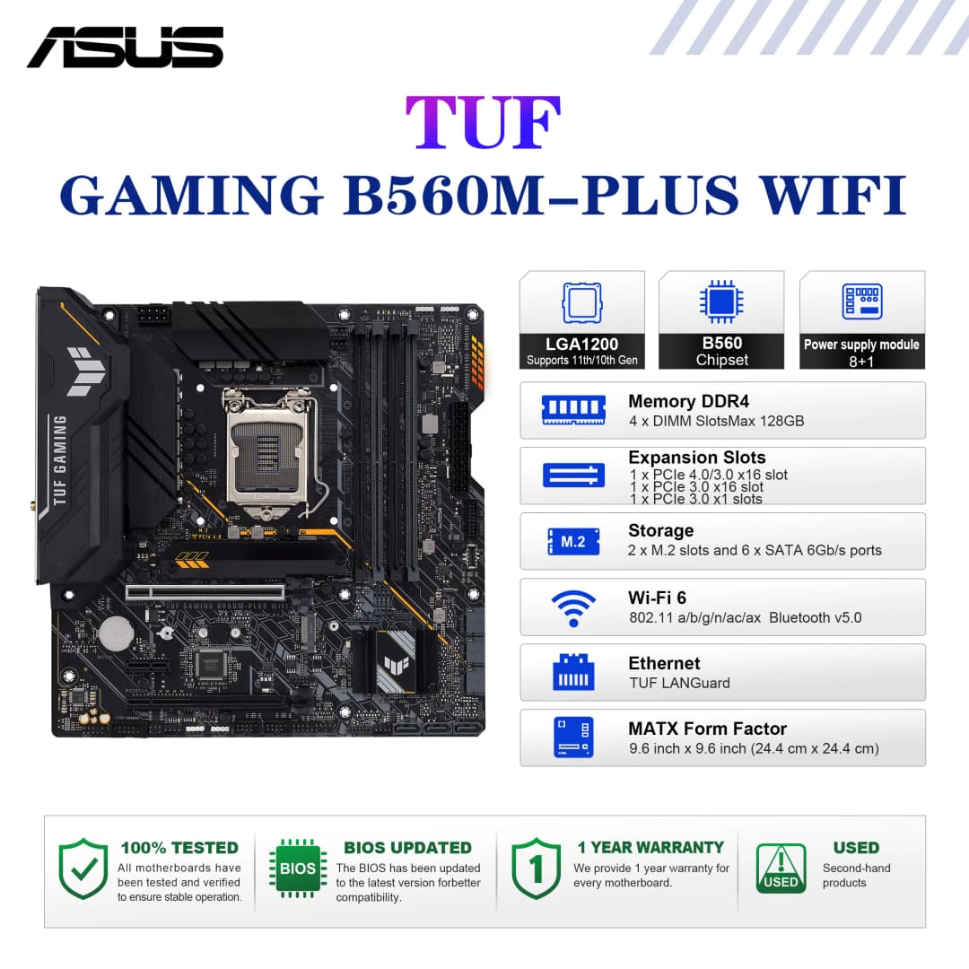 لوحة أم ASUS TUF GAMING B560M-PLUS WIFI، مقبس LGA1200، معالج DDR4 5000(O.C) MHz، شريحة B560، لوحة رئيسية mATX