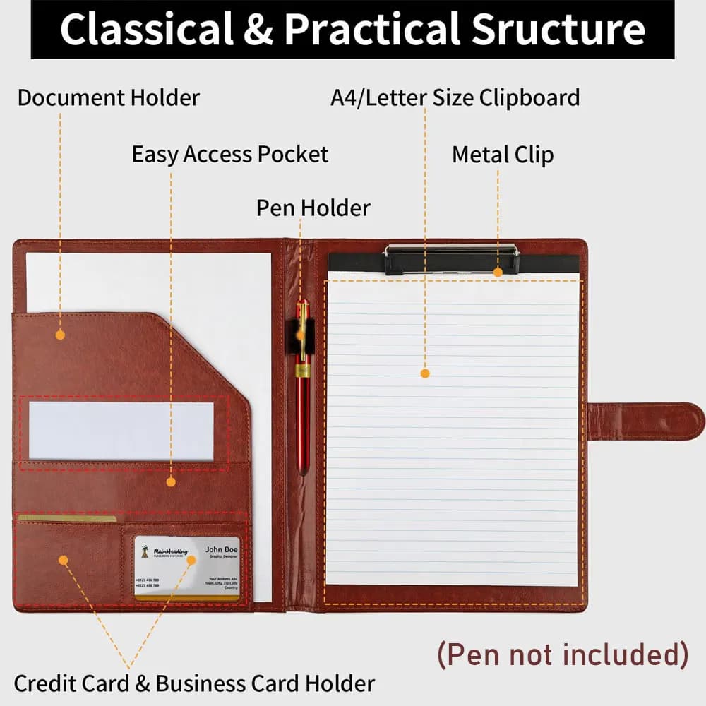 مجلد جلدي متعدد الوظائف A4 مع لوحة كتابة، يتضمن مفكرة مبطنة، يحمل بطاقات البنك وأغراض تخزين أخرى - 3