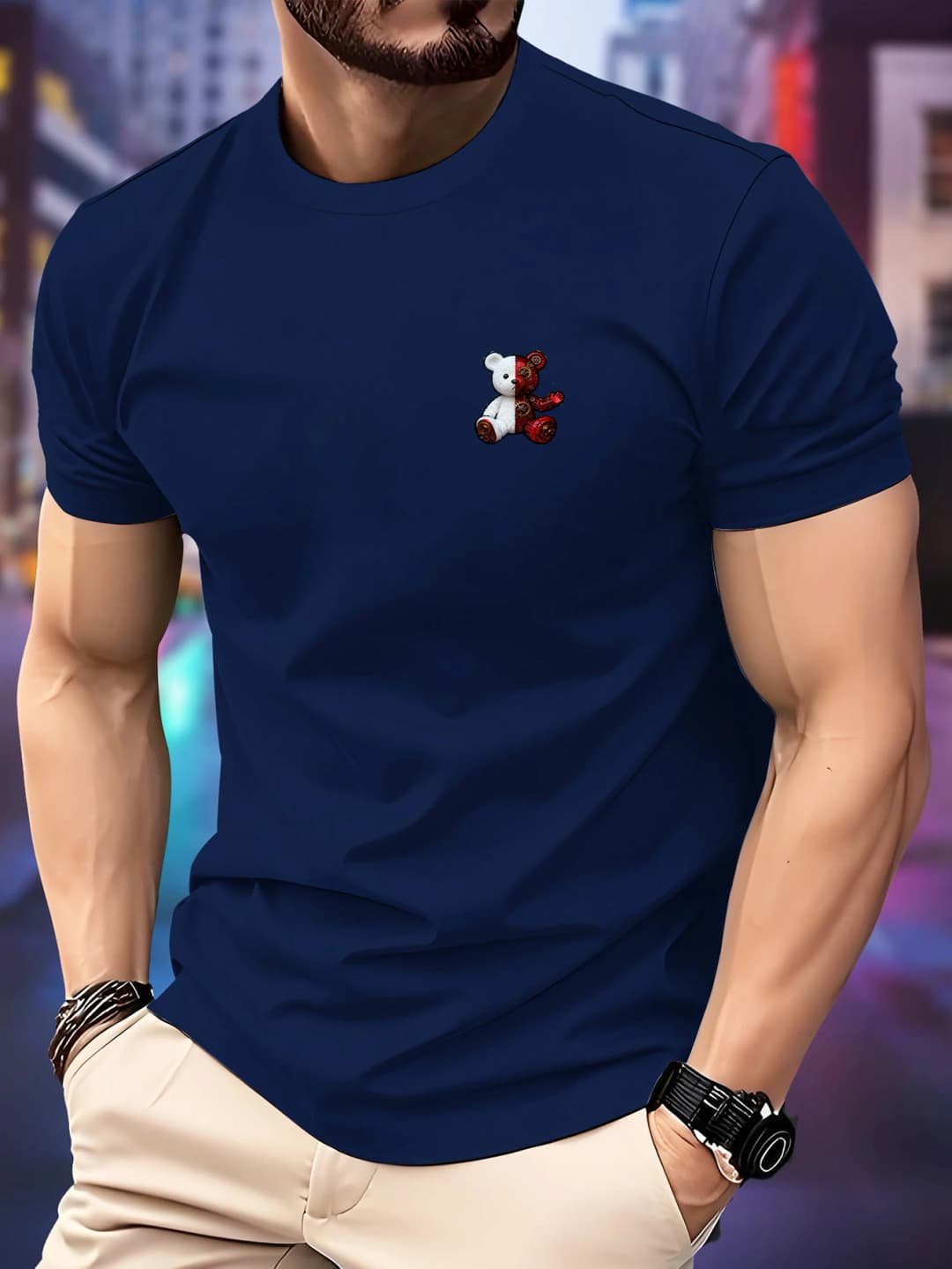 Men's Summer Essential Mechanical Bear Printing Printed T-Shirt Soft & Breathable Round Neck Short Sleeve Tee Unisex Casual Wear - 5