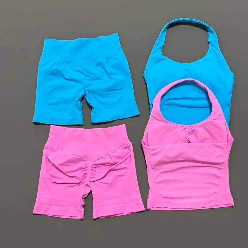 طقم 2 قطعة HISTELLO توب حمالة صدر Strappy شورت ملابس يوجا نسائية بلا خياطة صدرية رافعة للأرداف بنطلون رياضي بدلة جيم - 2