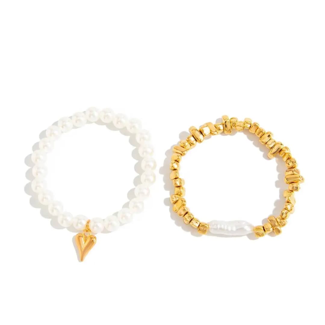 2Pcs/Set Elegant Imitation Pearl Bracelet for Women Bohemian Elastic Rope Chain Bracelet with Heart Pendant Jewelry Gift - 4