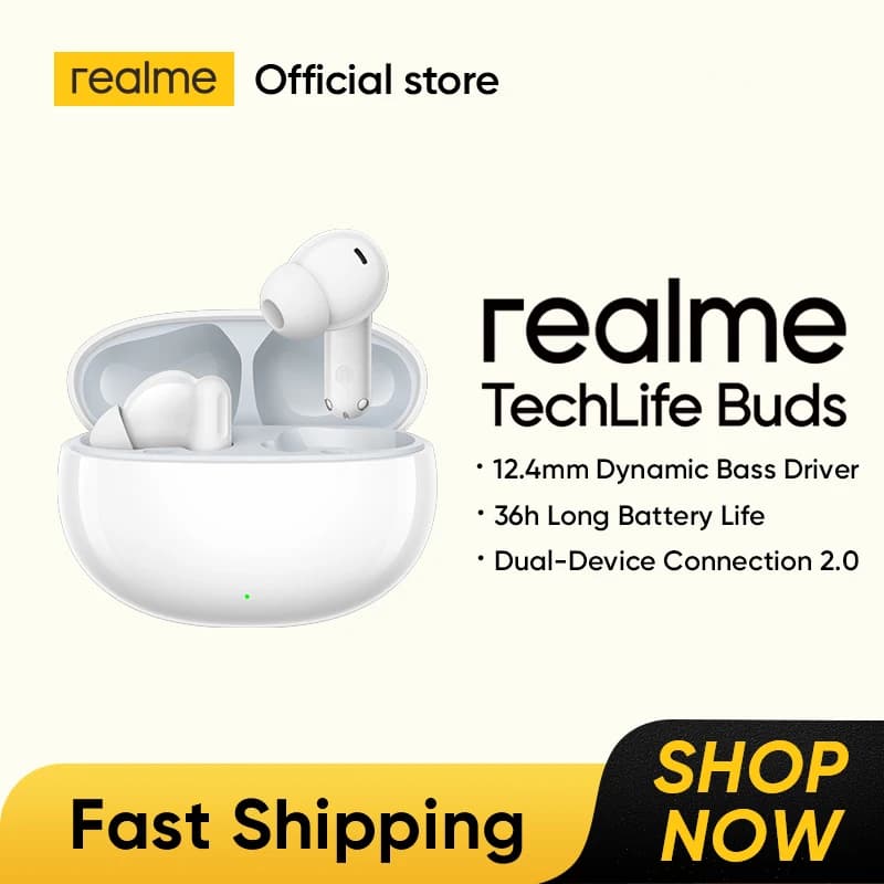 realme TechLife Buds TWS Earphone 12.4mm Dynamic Bass Driver Up to 36h Long Battery Life Dual-Device Connection Bluetooth 5.4