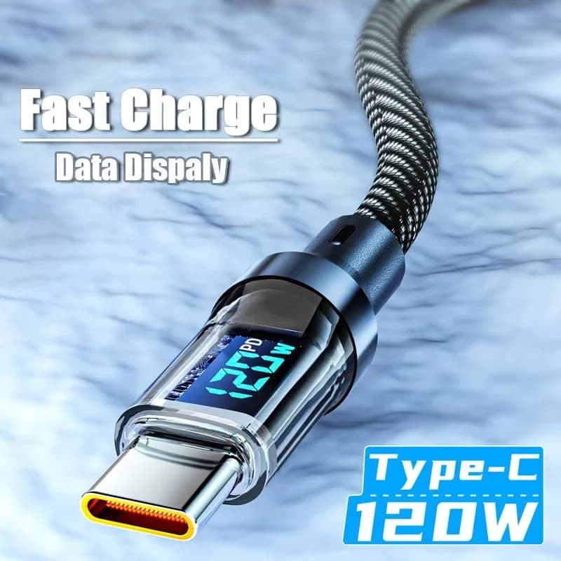 كابل USB إلى النوع C 120 وات مع شاشة رقمية شحن سريع للغاية 100 وات PD كابل بيانات من النوع C إلى النوع C لهاتف Xiaomi Samsung Huawei
