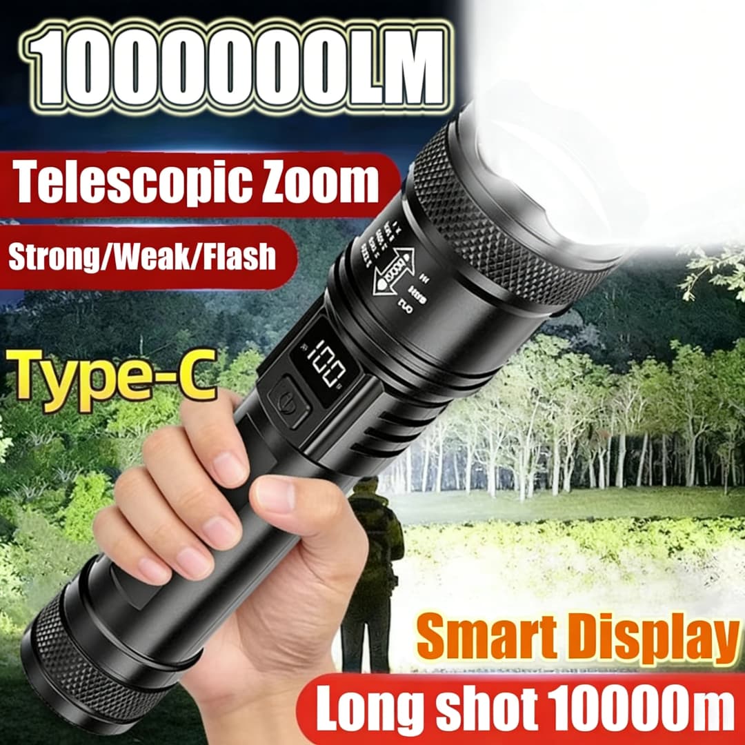 High Strong Power Led Flashlight 1000000LM Tactical Torch with Display Light USB Charging Camping Fishing Emergency Zoom Lantern