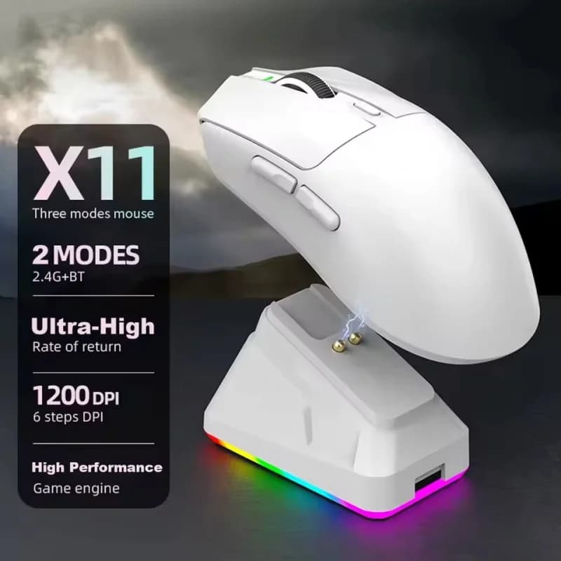 ماوس ألعاب جديد 2026 بسرعة DPI ثلاثية، لاسلكي، تصميم مريح، اتصال ثنائي الوضع، قاعدة شحن مغناطيسية، إضاءة RGB