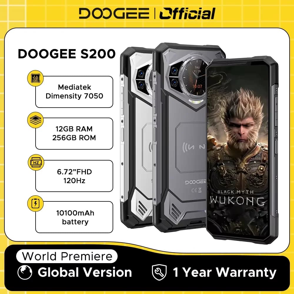 نسخة عالمية DOOGEE S200 هاتف متين 5G بسعة 12 جيجابايت و256 جيجابايت وشاشة 6.72 بوصة بمعدل تحديث 120 هرتز وكاميرا رئيسية بدقة 100 ميجابكسل مع تقنية الذكاء الاصطناعي وبطارية سعة 10100 مللي أمبير ونظام أندرويد 14 وتقنية NFC