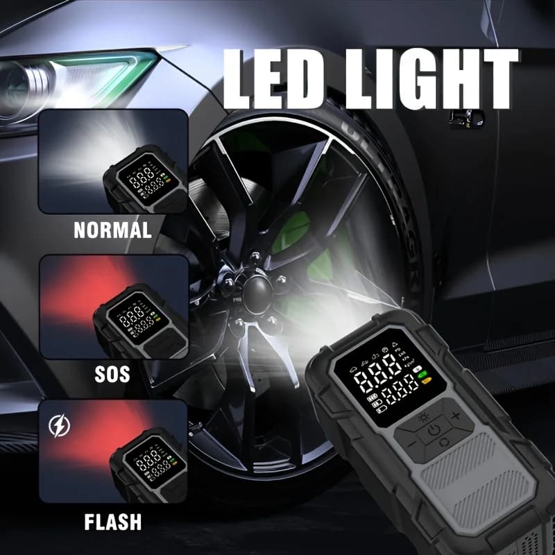 منفاخ سيارة محمول مع كشاف LED، بنك طاقة وشاحن بطارية سيارة 2 في 1، بدء تشغيل آمن وسريع للبطاريات الفارغة - 4