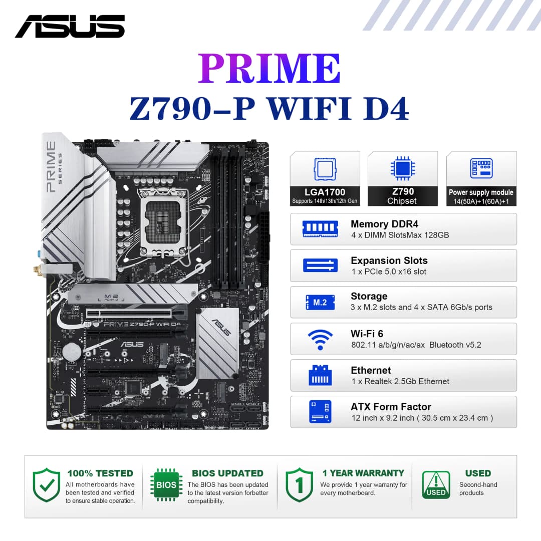 ASUS PRIME Z790-P WIFI D4 Motherboard Socket LGA1700 CPU DDR4 5333(O.C) Memory Chipset Z790 ATX Mainboard