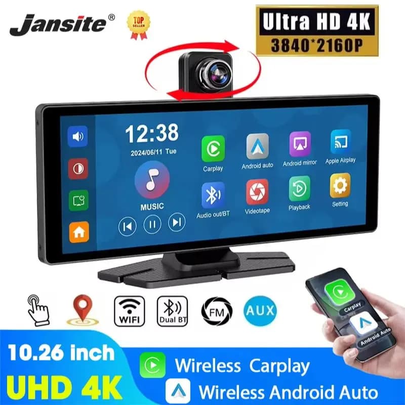 كاميرا داش 7 بوصة/10.26 بوصة 4K لاسلكية Carplay Android Auto 350 °   عدسة دوارة للسيارة DVR GPS والملاحة ولوحة القيادة ومسجل فيديو بلوتوث