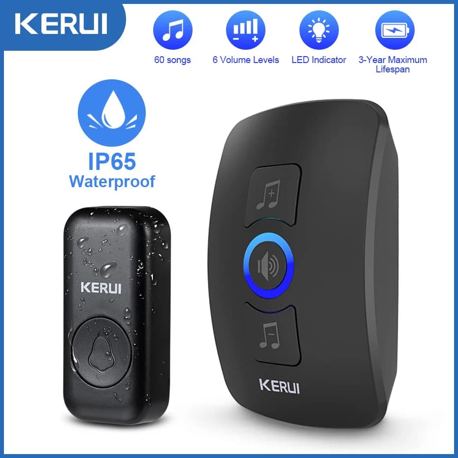 مجموعة جرس باب لاسلكي KERUI M525 للخارج مقاوم للماء للمنزل الذكي ألحان ترحيبية أجراس LED وميض أمان إنذار