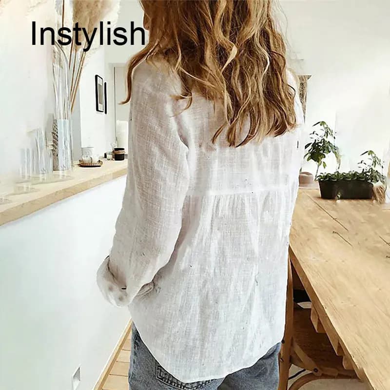 Women Casual Long Sleeve Cotton Linen Loose Shirt Elegant Solid Harajuku Lapel Blouse Vintage Oversize Tops Y2K Streetwear Tunic - 6