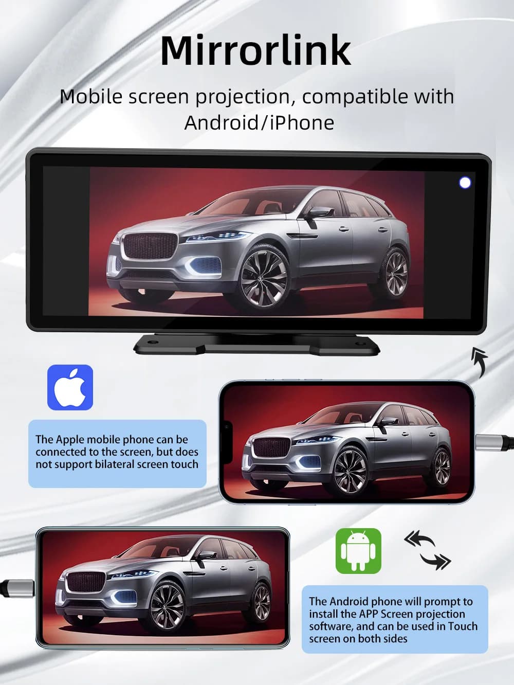 BQCC 10.26 Inch Portable Wireless Carplay Screen HD Rear Reversing Camera Car Radio DVR MP5 Multimedia Video Player Android Auto - 3