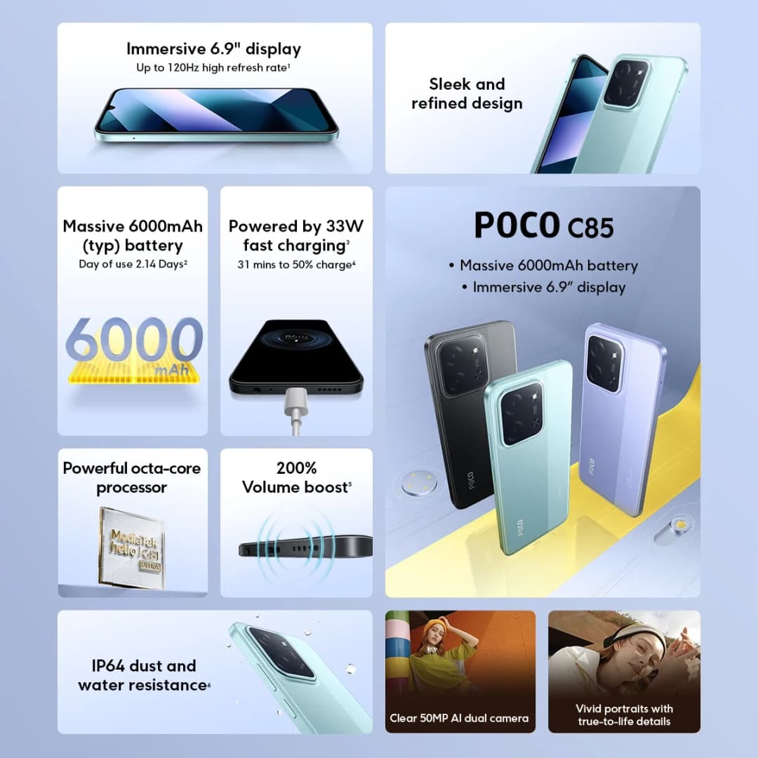 هاتف ذكي Xiaomi POCO C85 إصدار عالمي معالج MediaTek Helio G81-Ultra شاشة 6.9 بوصة Dot Drop بطارية 6000 مللي أمبير كاميرا مزدوجة 50 ميجابكسل شحن 33 واط NFC IP64 - 2