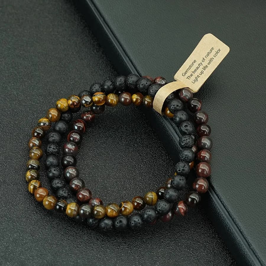 أسورة حجرية مرصعة 3 قطع/مجموعة 6 ملم أسورة مرنة للتأمل هدية عيد الشكر للرجال - 2