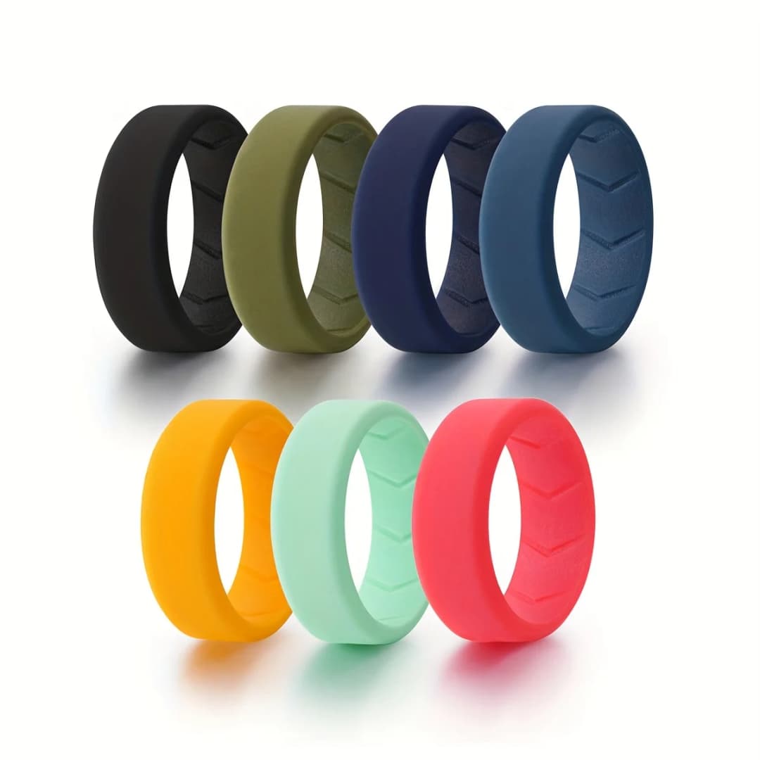 7 Pack Men's Silicone Wedding Bands, 8mm Wide Rubber Rings for Workout Sports, Comfort Fit Ring Set, Gift for Husband Him