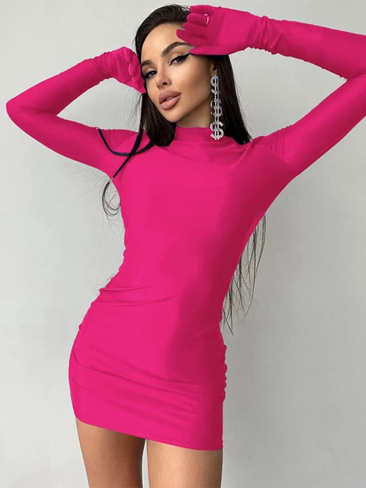 Solid Long Sleeve With Gloves Mini Dress Bodycon Sexy Streetwear Party Half Turtleneck Outfits Y2K Clothes Wholesale - 3
