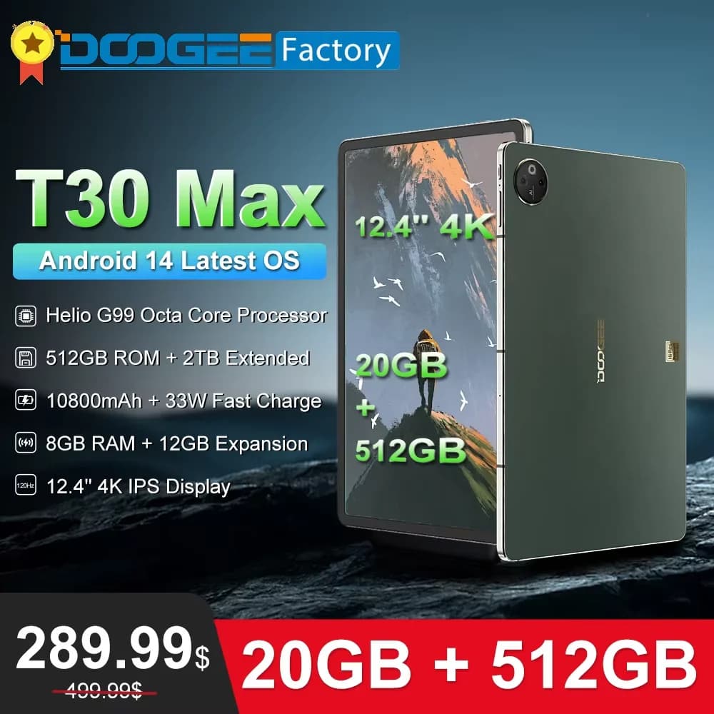 جهاز دوغي T30 ماكس اللوحي 12.4 بوصة 4K من سبائك الألمنيوم نانو يونيبودي وايدفاين L1، 20 جيجا (8 جيجا + 12 جيجا) + 512 جيجا، 10800 مللي أمبير، كاميرا مزدوجة 50 ميجابكسل، أندرويد 14